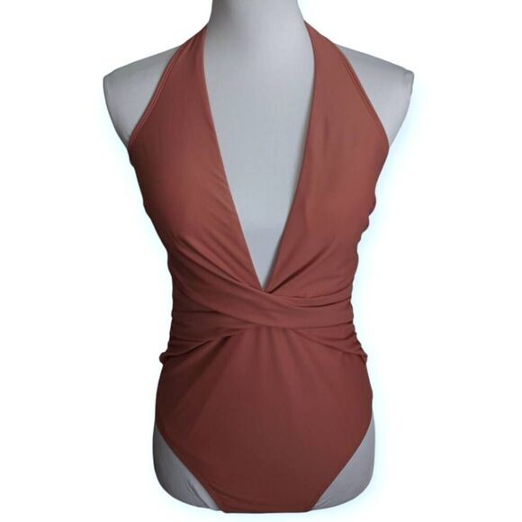 CUPSHE BOHO RHAPSODY PLUNGE RUCHED PINK ONE PIECE SWIMSUIT SZ.M NWT. - Picture 3 of 11